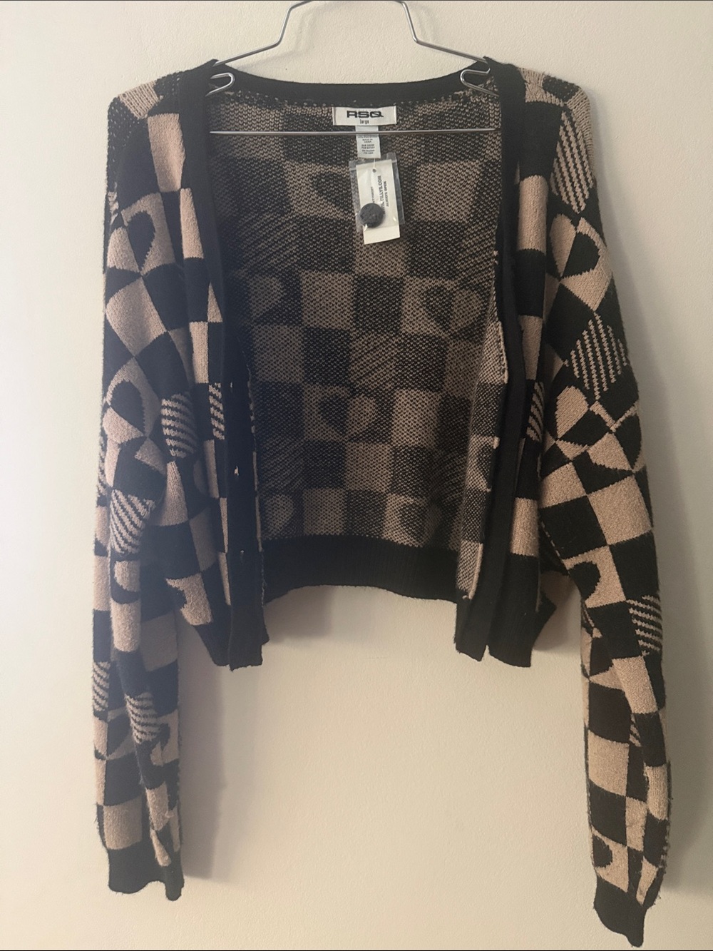 RSQ Black & Beige Geometric Open-Front Cardigan
